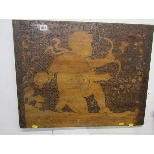 558 - CARVED WOOD PANEL, decorated cupid 60cms width