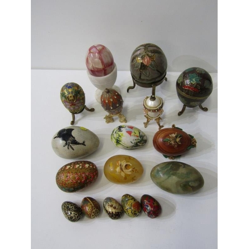 57 - ORNATE EGG COLLECTION, onyx and other decorated eggs, oriental painted egg, also enamel style egg, e... 