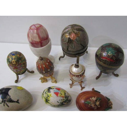 57 - ORNATE EGG COLLECTION, onyx and other decorated eggs, oriental painted egg, also enamel style egg, e... 