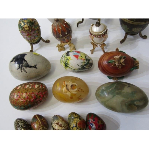 57 - ORNATE EGG COLLECTION, onyx and other decorated eggs, oriental painted egg, also enamel style egg, e... 