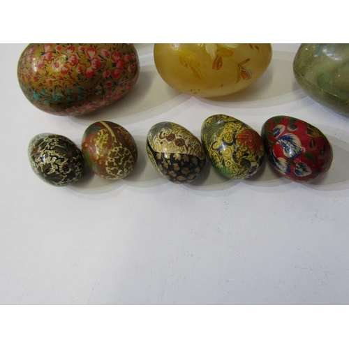 57 - ORNATE EGG COLLECTION, onyx and other decorated eggs, oriental painted egg, also enamel style egg, e... 