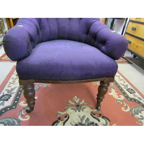 582 - VICTORIAN PURPLE BUTTON BACK ARMCHAIR with original castors