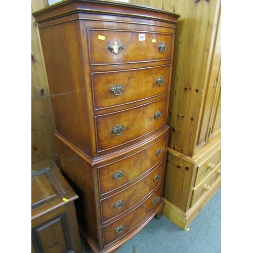 596 - GEORGIAN REPRODUCTION BURR WALNUT NARROW CHEST ON STAND, of 6 drawers