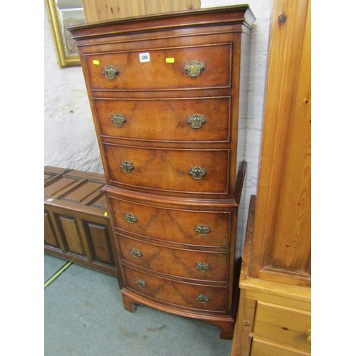 596 - GEORGIAN REPRODUCTION BURR WALNUT NARROW CHEST ON STAND, of 6 drawers