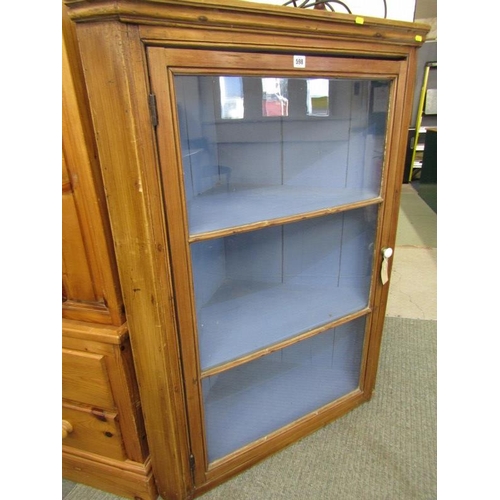 598 - ANTIQUE STRIPPED PINE GLAZED CORNER CABINET, 91cm width