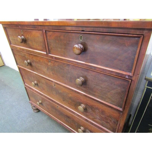 600 - VICTORIAN MAHOGANY STRAIGHT FRONTED CHEST, of 2 short and 3 long drawers, wooden knop handles, 106cm... 