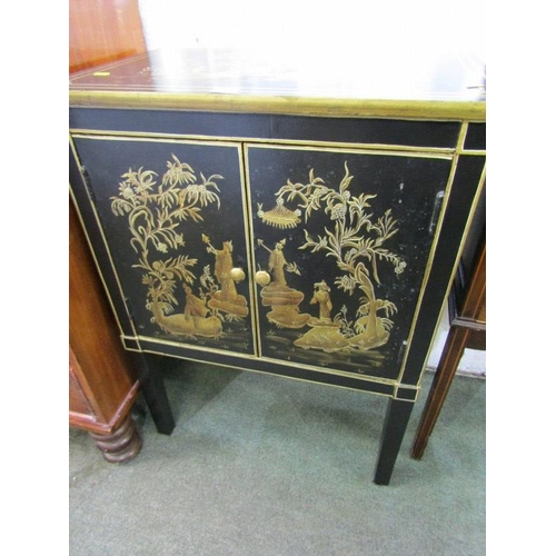 601 - CHINOISERIE CABINET, a lacquered black ground 2 door cabinet, 60cm width