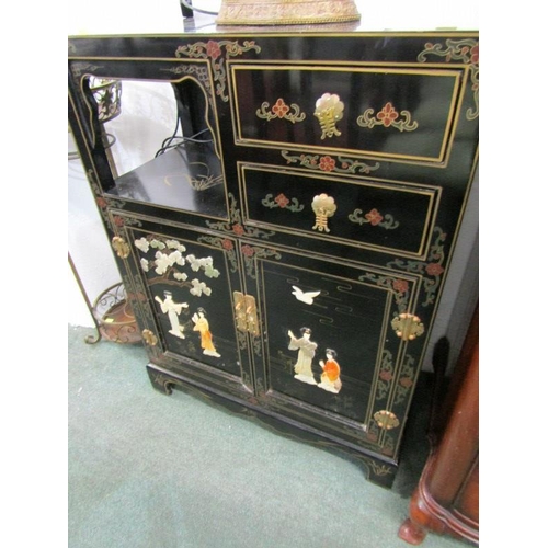 604 - LACQUER FURNITURE,  a gilt and stone inlaid drawer and cupboard base cabinet, 69cm width