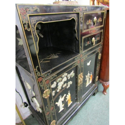 604 - LACQUER FURNITURE,  a gilt and stone inlaid drawer and cupboard base cabinet, 69cm width