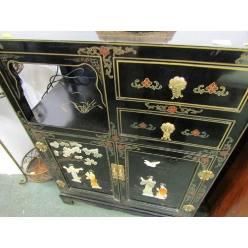 604 - LACQUER FURNITURE,  a gilt and stone inlaid drawer and cupboard base cabinet, 69cm width