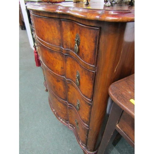 605 - GEORGIAN DESIGN BURR WALNUT SERPENTINE FRONTED CHEST of 4 long graduated drawers with brass disc dro... 