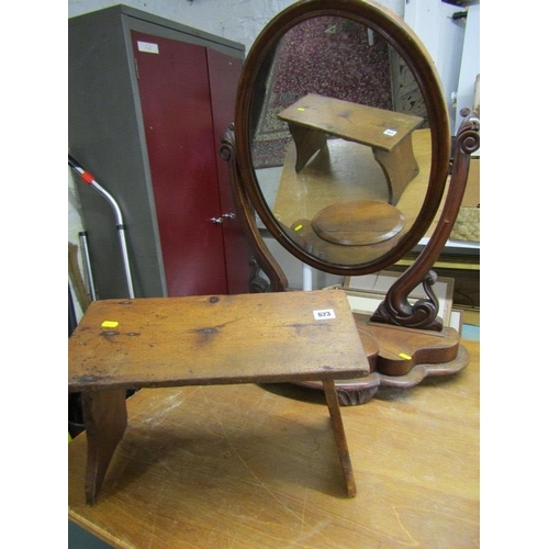 623 - VICTORIAN SWING MIRROR, mahogany veneered mirror on a shaped base, also an antique footstool