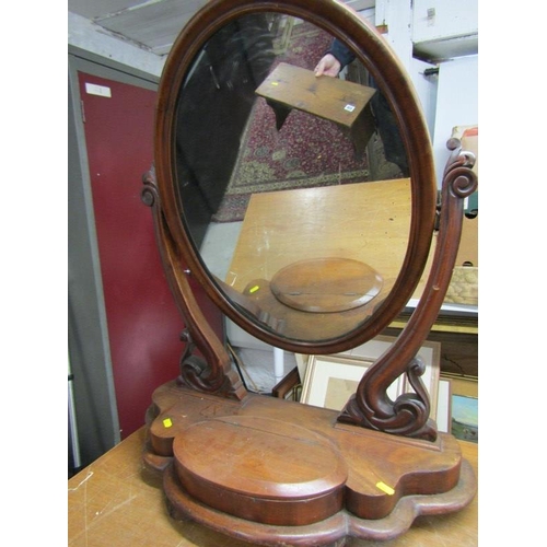 623 - VICTORIAN SWING MIRROR, mahogany veneered mirror on a shaped base, also an antique footstool