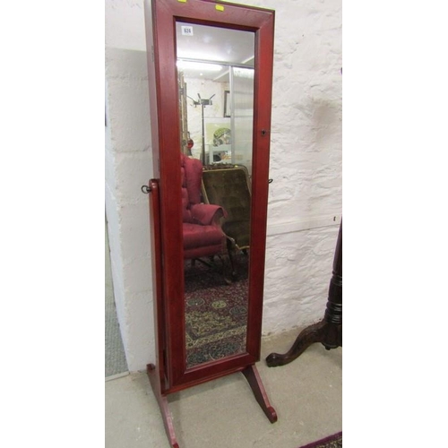 624 - CHEVAL MIRROR/JEWELLERY CABINET, modern mahogany veneered mirror, the door encloses jewellery storag... 