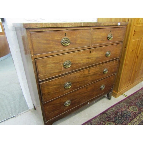 627 - LATE GEORGIAN CHEST, mahogany chest of 2 short & 3 long drawers, with brass stamped handles on splay... 