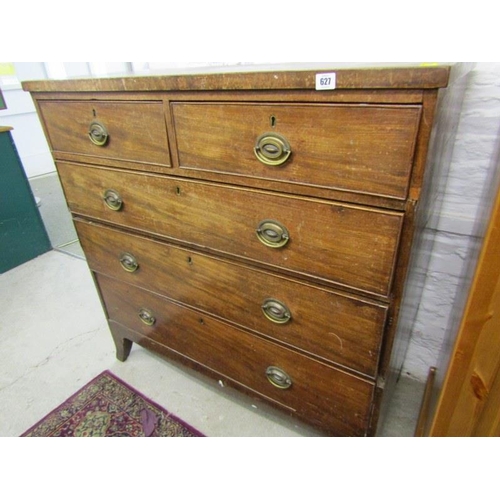 627 - LATE GEORGIAN CHEST, mahogany chest of 2 short & 3 long drawers, with brass stamped handles on splay... 