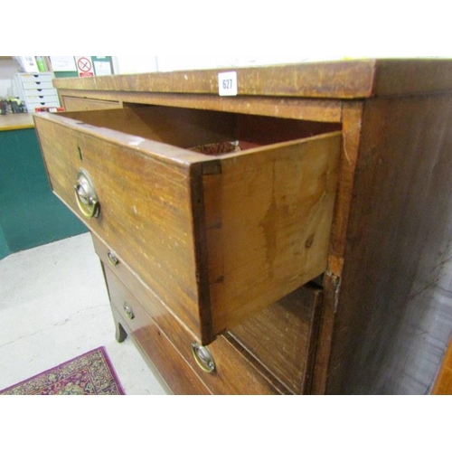 627 - LATE GEORGIAN CHEST, mahogany chest of 2 short & 3 long drawers, with brass stamped handles on splay... 