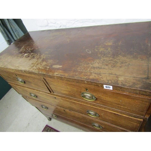 627 - LATE GEORGIAN CHEST, mahogany chest of 2 short & 3 long drawers, with brass stamped handles on splay... 