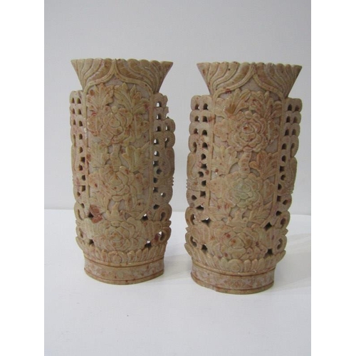 67 - ORIENTAL SCULPTURE, pair of Chinese carved soapstone vases of peony blossom panels