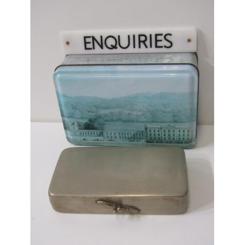 68 - ASSORTED BOXES, leather clad trinket box, plated cigarette box, AA badge, assorted tins, etc