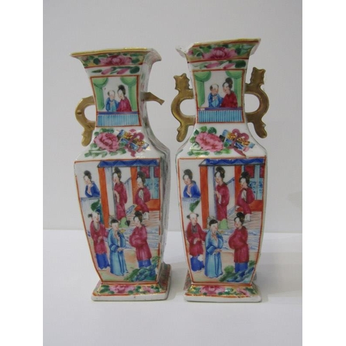 8 - ORIENTAL CERAMICS pair of Chinese tapering square form vases, decorated with figures, 23cm height, (... 