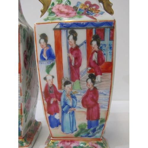 8 - ORIENTAL CERAMICS pair of Chinese tapering square form vases, decorated with figures, 23cm height, (... 