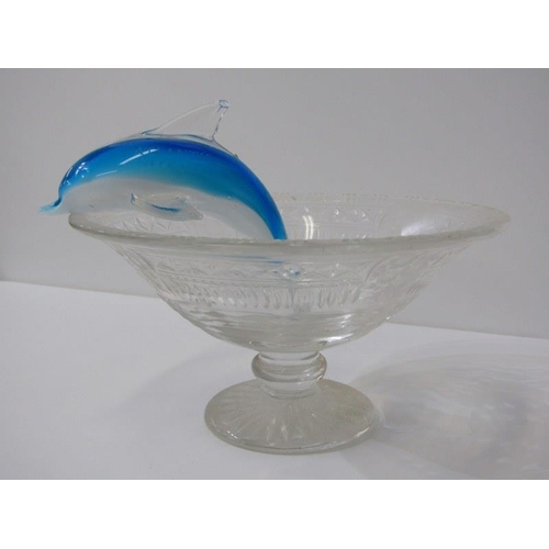 86 - GLASSWARE, Star cluster paperweight, glass dolphin, blue patterned art glass fruit bowl, etc