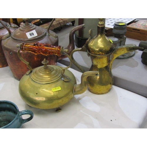 89 - METALWARE, 2 x 19th Century copper kettles, brass kettle, copper jelly mould, etc