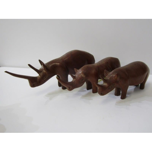 97 - ASSORTED ANIMAL FIGURES, pair of painted metal figures of deer, on wood bases, 3 African carved wood... 