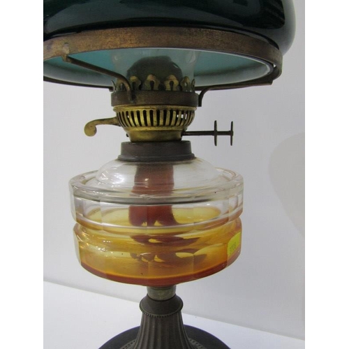 98 - OIL LAMP, vintage oil lamp with green shade and glass reservoir  , metal base on plinth