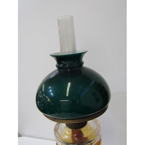 98 - OIL LAMP, vintage oil lamp with green shade and glass reservoir  , metal base on plinth