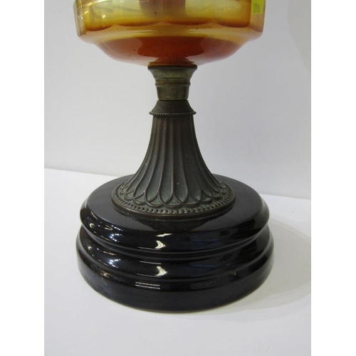 98 - OIL LAMP, vintage oil lamp with green shade and glass reservoir  , metal base on plinth