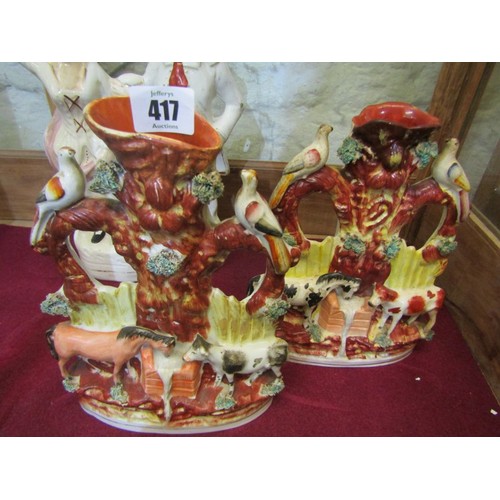 417 - STAFFORDSHIRE POTTERY,  a pair of horse and cow at the well vases & 3 other Victorian Staffordshire ... 