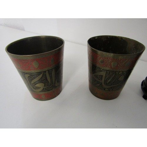 414 - METALWARE, Chinese cloisonné spill vase on stand; also pair of Eastern engraved brass tumblers & pew... 