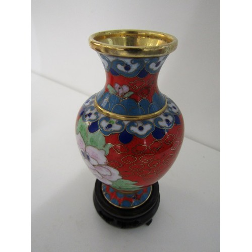 414 - METALWARE, Chinese cloisonné spill vase on stand; also pair of Eastern engraved brass tumblers & pew... 