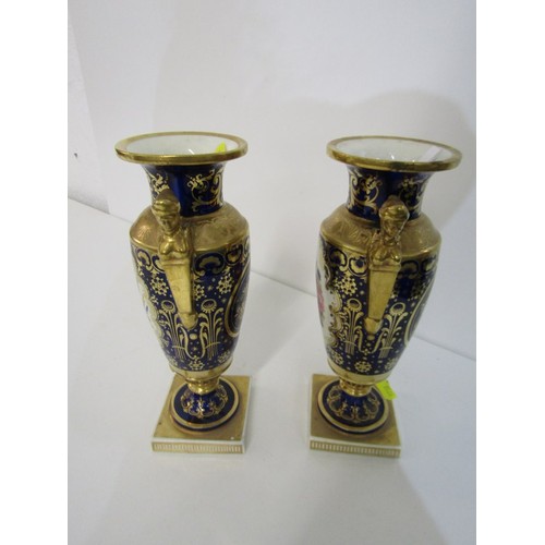 413 - PAIR OF REGENCY PORCELAIN DERBY-STYLE VASES, gilded surround floral reserve (handle damaged) 23cm he... 