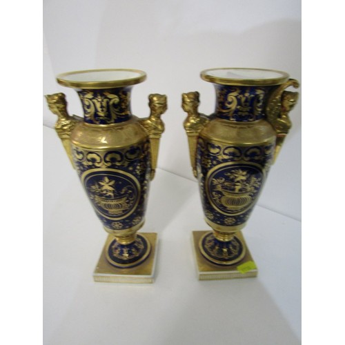 413 - PAIR OF REGENCY PORCELAIN DERBY-STYLE VASES, gilded surround floral reserve (handle damaged) 23cm he... 