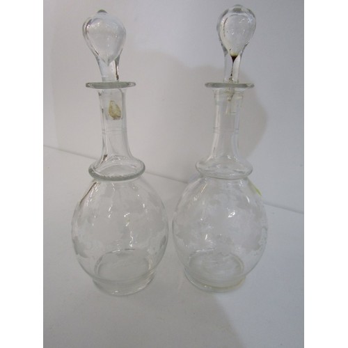 412 - ANTIQUE GLASSWARE, pair of Victorian vine etched miniature decanters with stoppers