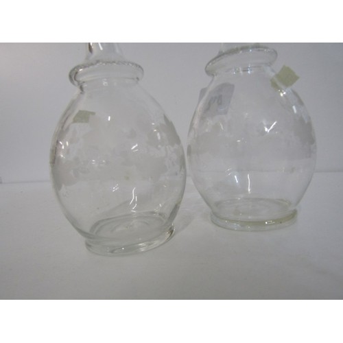 412 - ANTIQUE GLASSWARE, pair of Victorian vine etched miniature decanters with stoppers