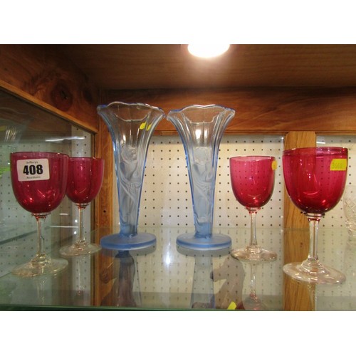 408 - GLASSWARE, pair of Art Deco blue glass 19cm figure moulded vases; also 4 cranberry stem wine glasses