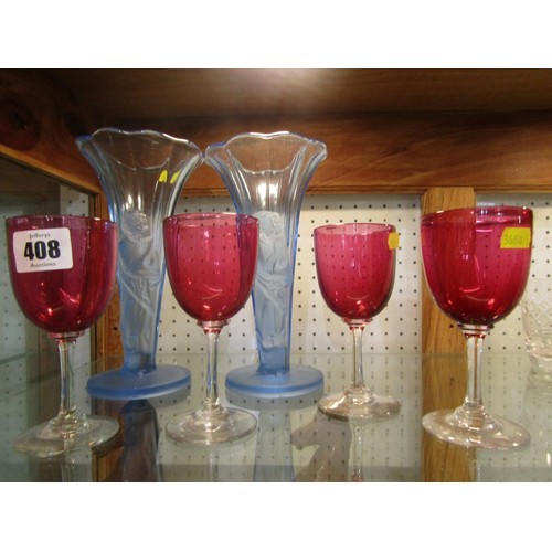 408 - GLASSWARE, pair of Art Deco blue glass 19cm figure moulded vases; also 4 cranberry stem wine glasses