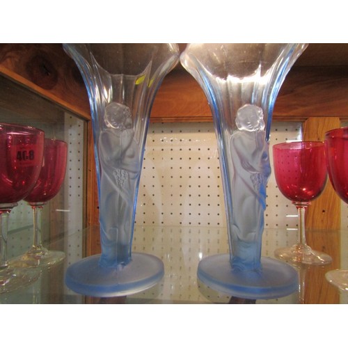 408 - GLASSWARE, pair of Art Deco blue glass 19cm figure moulded vases; also 4 cranberry stem wine glasses