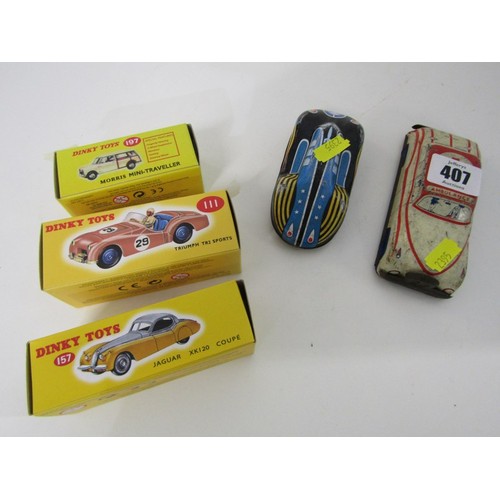 407 - VINTAGE TOYS, Clockwork ambulance & racing car together with 3 replica Dinky cars