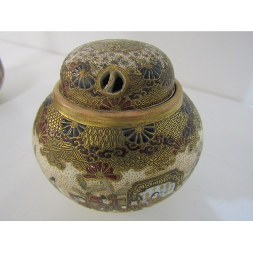 406 - ORIENTAL CERAMICS, gilded satsuma lidded pot pourri vase; together with a pair of Satsuma onion spil... 