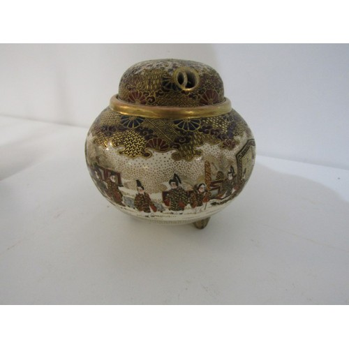 406 - ORIENTAL CERAMICS, gilded satsuma lidded pot pourri vase; together with a pair of Satsuma onion spil... 