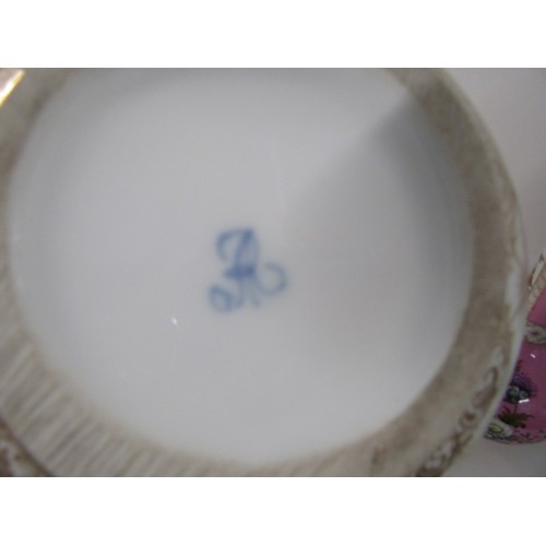 404 - MALING BOWL, floral pattern no. 6024; together with pair of Dresden-style pink ground 31cm vases