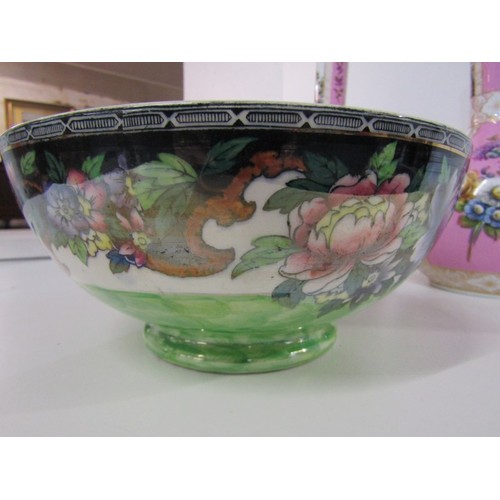 404 - MALING BOWL, floral pattern no. 6024; together with pair of Dresden-style pink ground 31cm vases