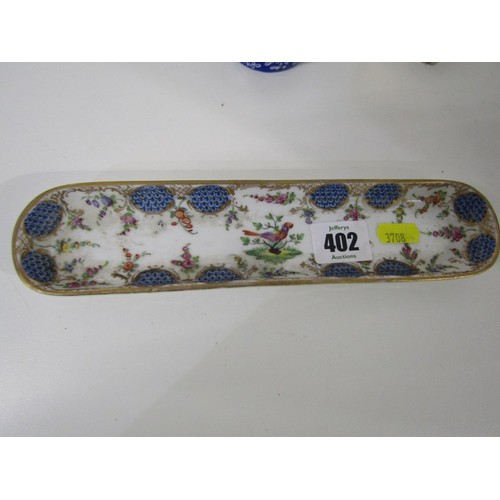 402 - DRESDEN PEN TRAY, decorated with exotic  bird; also English enamel pill box and Regency porcelain in... 