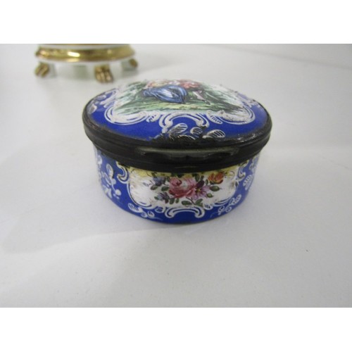 402 - DRESDEN PEN TRAY, decorated with exotic  bird; also English enamel pill box and Regency porcelain in... 