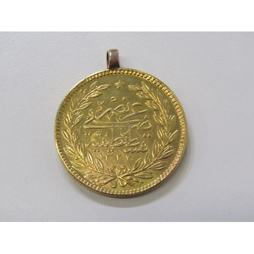 1 - Gold 1909 Ottoman Empire Sultan Mehmed V Resâd 500 Kurush with mount, Constantinople Mint, 36.49 gra... 